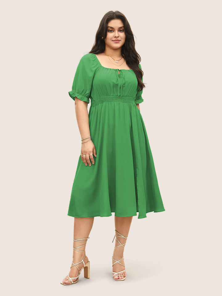 Damen Midi-Kleid mit Puffärmeln und elastischem Taillenbund Drune