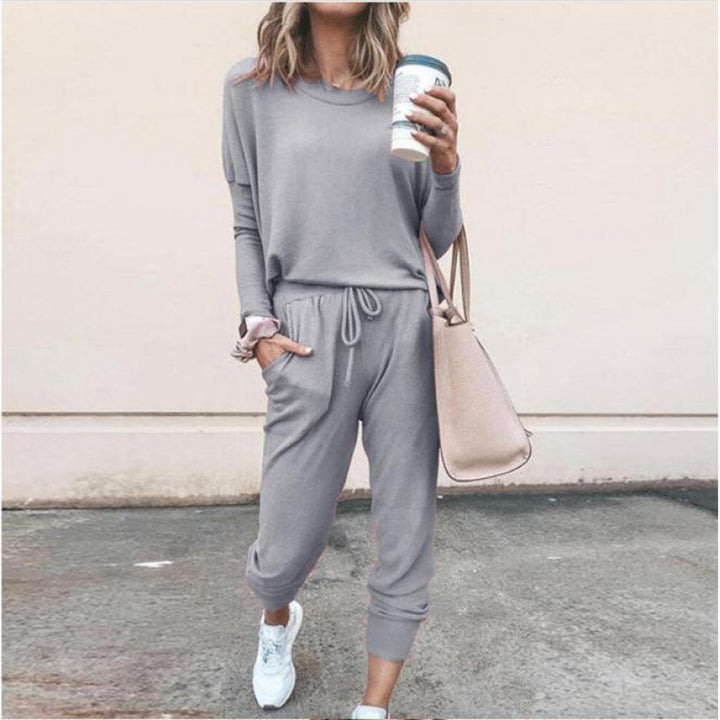 Damen Lässiges Lounge-Set mit Rundhalsausschnitt, Kordelzug-Hose und Bündchen Drune