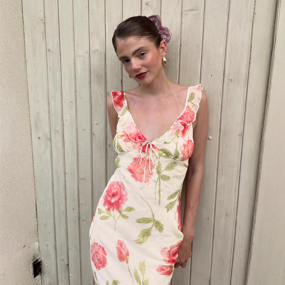 Damen Maxikleid mit floralem Cut-Out und feinen Spaghettiträgern Drune