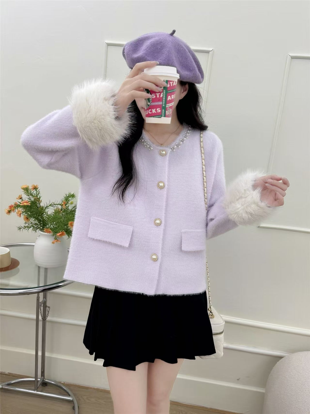 Damen elegante Strickjacke mit Perlenverzierung und flauschigen Ärmeln Drune