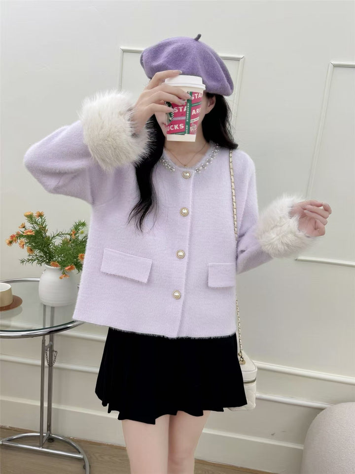Damen elegante Strickjacke mit Perlenverzierung und flauschigen Ärmeln Drune