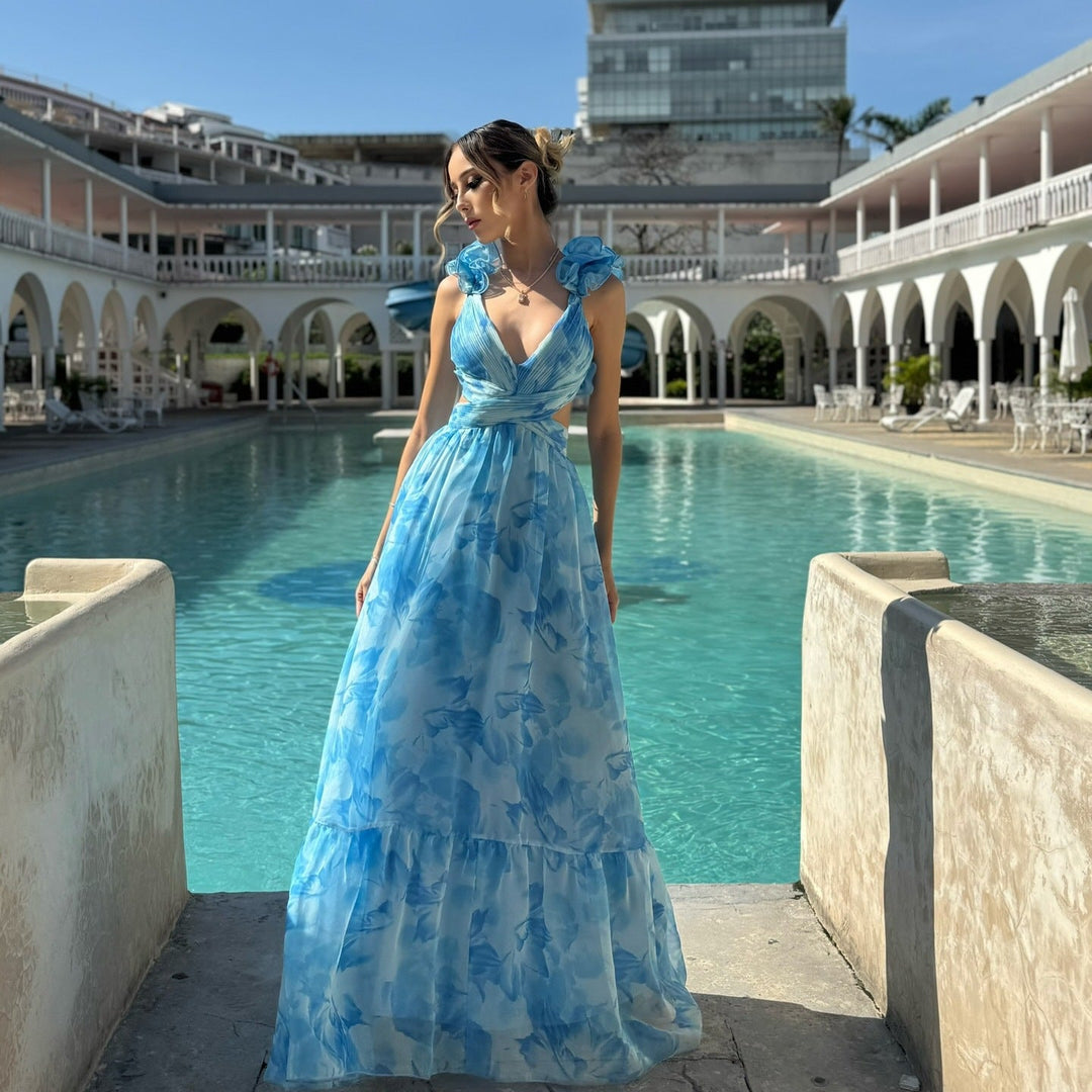Damen Maxikleid mit luftigen Rüschendetails und ausgefallenem Wickeldesign Drune