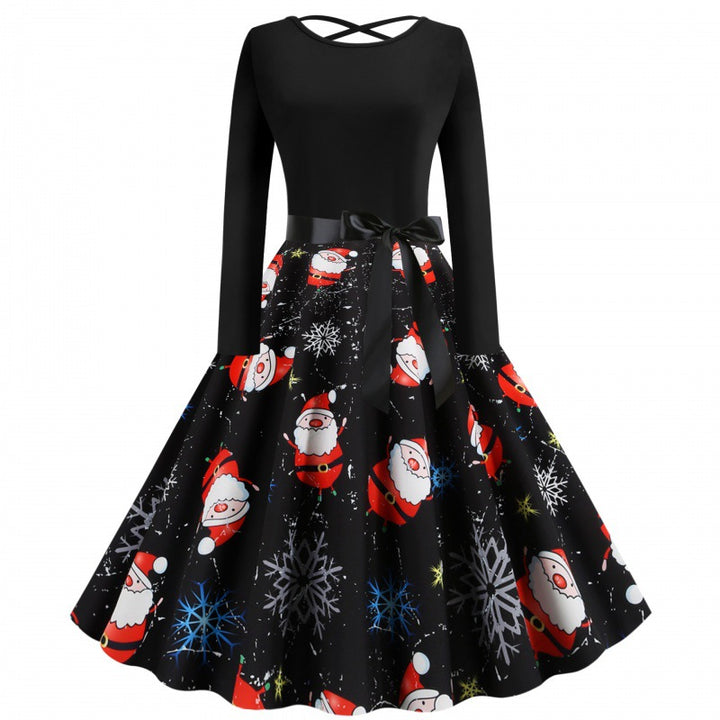 Damen Festliches Swingkleid mit Nikolausprint, tailliertem Satinband und gekreuztem Rückendetail Drune