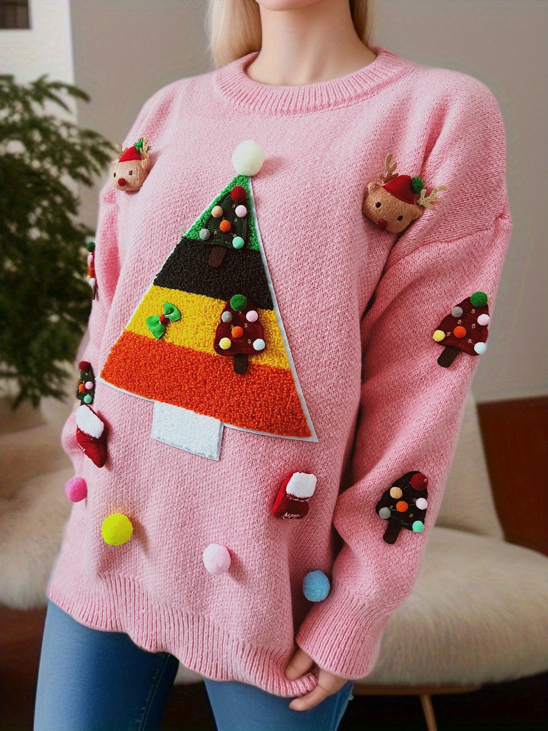 Damen Weihnachts-Pullover mit fröhlichem Weihnachtsbaum-Design und 3D-Applikationen Drune