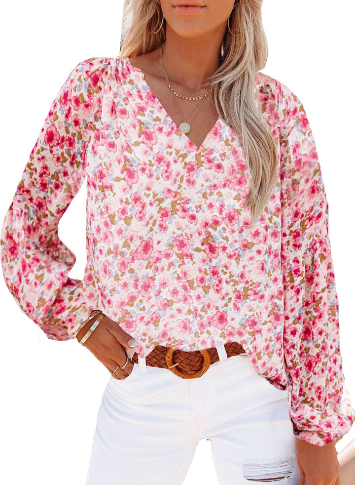 Damen Bluse mit floralen Mustern und V-Ausschnitt Drune