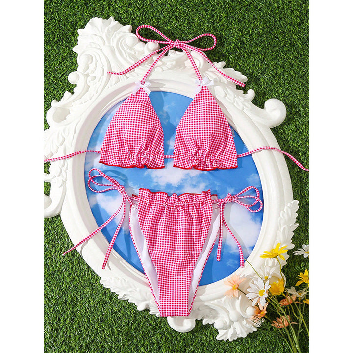 Damen Check-Muster Triangel-Bikini Set Drune