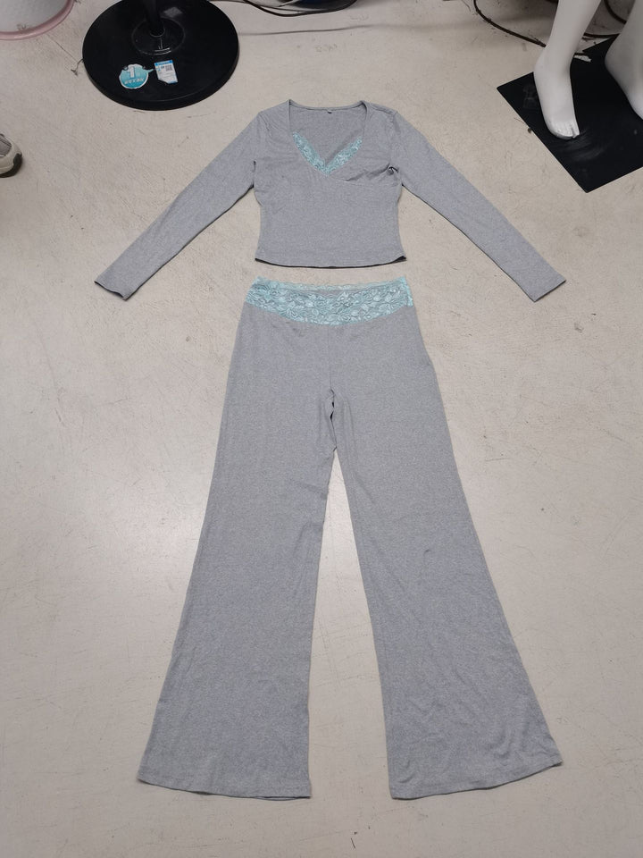Damen nan Lounge-Set mit Spitzenbund, V-Ausschnitt und ausgestellter Schlaghose Drune