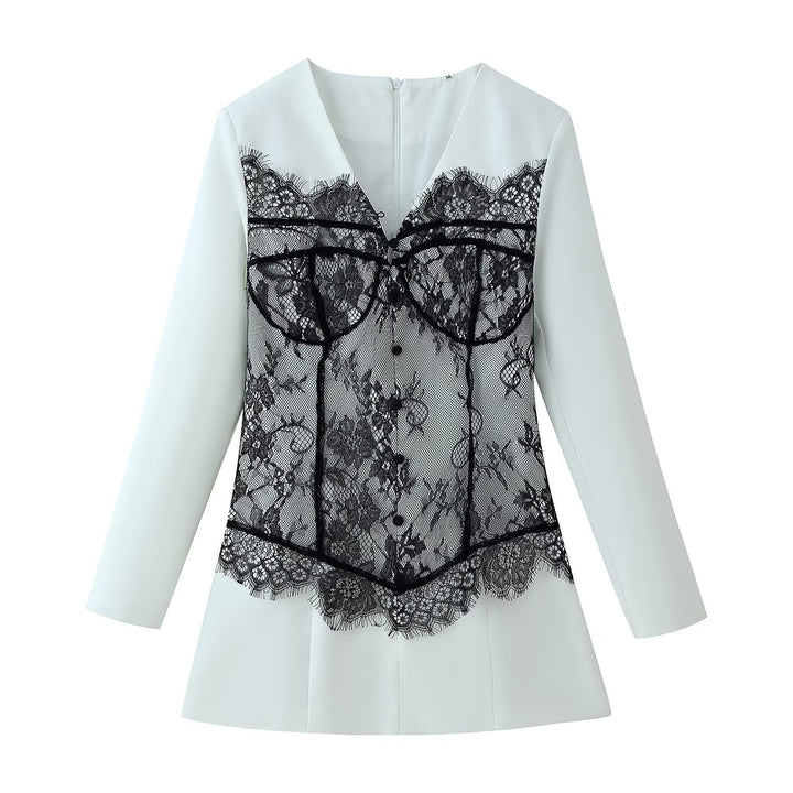 Damen Elegante Bluse mit Spitzen‑Corset‑Applikation und V‑Ausschnitt Drune