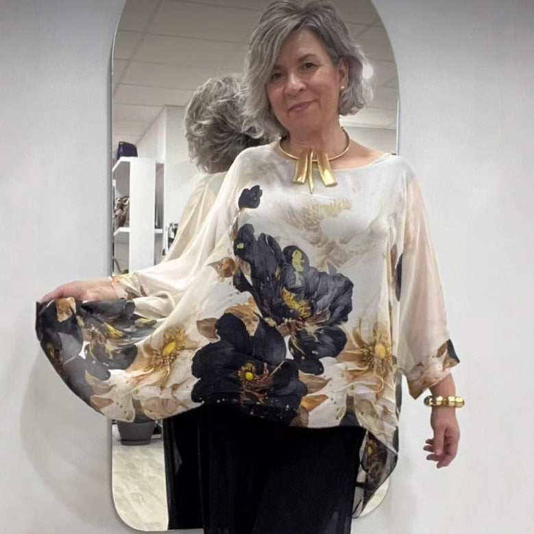 Damen nan elegante Chiffon-Tunika mit Fledermausärmeln und asymmetrischem Saum Drune