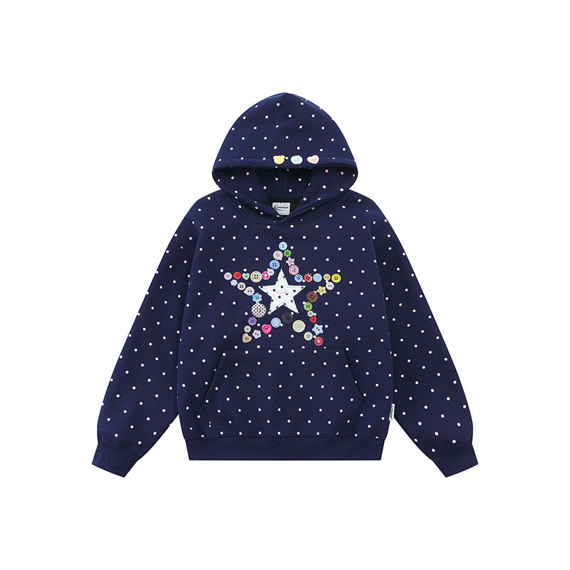 Damen Kapuzenpullover mit Knopf‑Sternapplikation, Polka‑Dot‑Allover und Kängurutasche Drune
