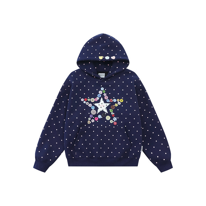 Damen Kapuzenpullover mit Knopf‑Sternapplikation, Polka‑Dot‑Allover und Kängurutasche Drune