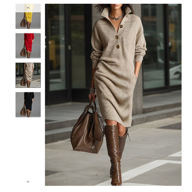 Damen nan gestricktes Pulloverkleid mit Polokragen, Eingrifftaschen und lässiger Passform Drune