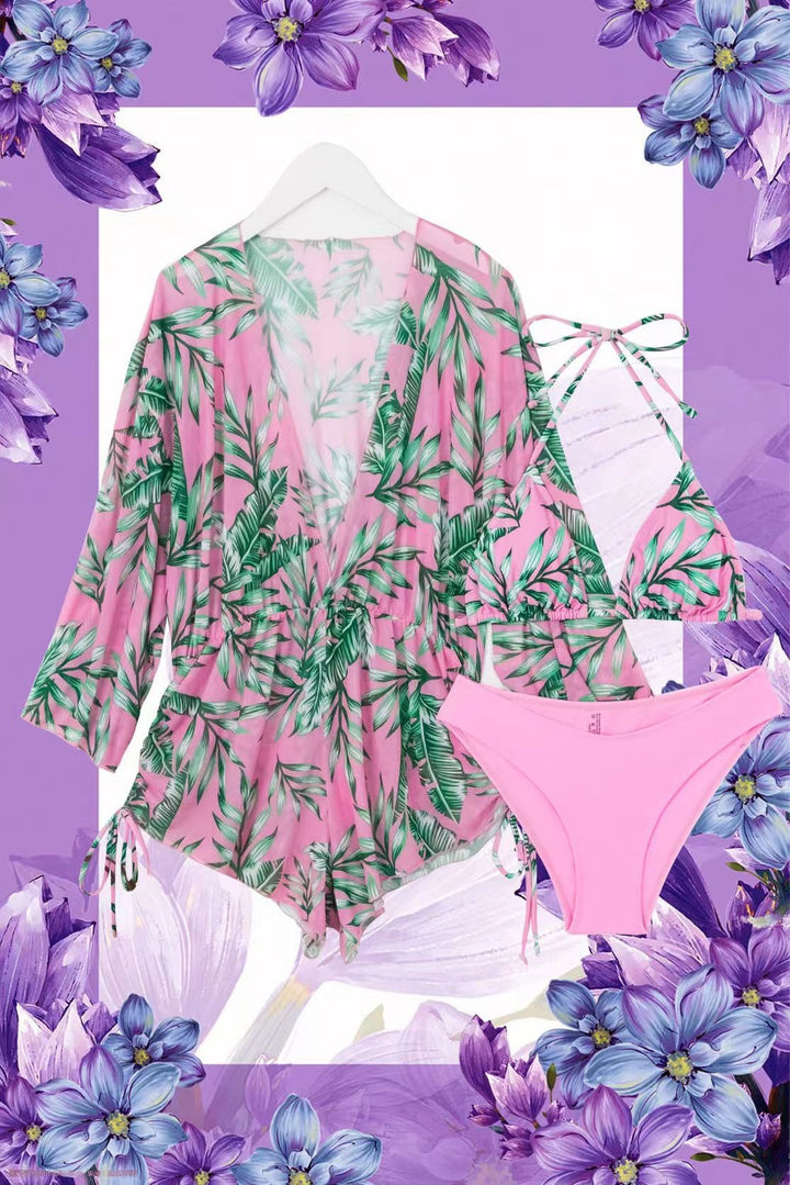 Damen Badeset mit floralem Wickeloberteil und Triangel-Bikini Drune