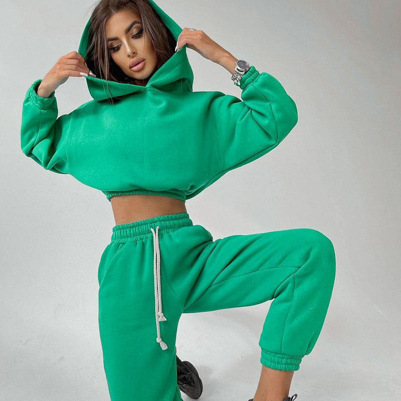 Damen cropped Stehkragen-Sweatset mit elastischem Taillenbund und hochtaillierter Tapered-Jogginghose Drune