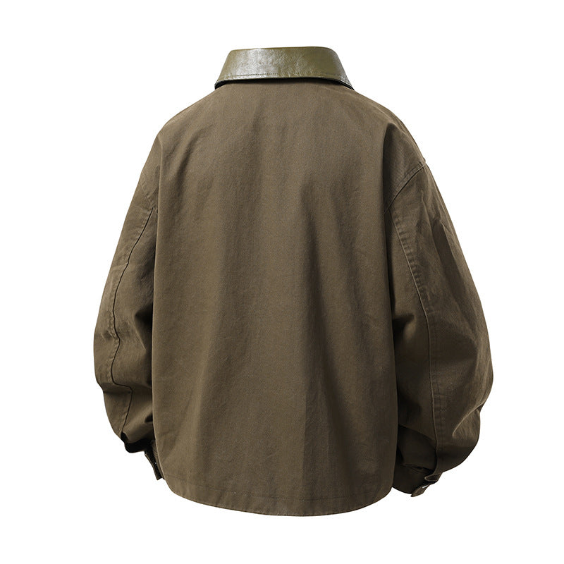 Herren leichte Oversize-Übergangsjacke mit Kontrastkragen aus Kunstleder und Zwei-Wege-Reißverschluss Drune