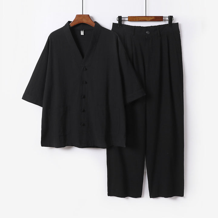 Unisex Zen-inspiriertes Relax-Set mit Kurzarm-Kimono-Oberteil, verdeckter Knopfleiste und elastischer Bundhose Drune