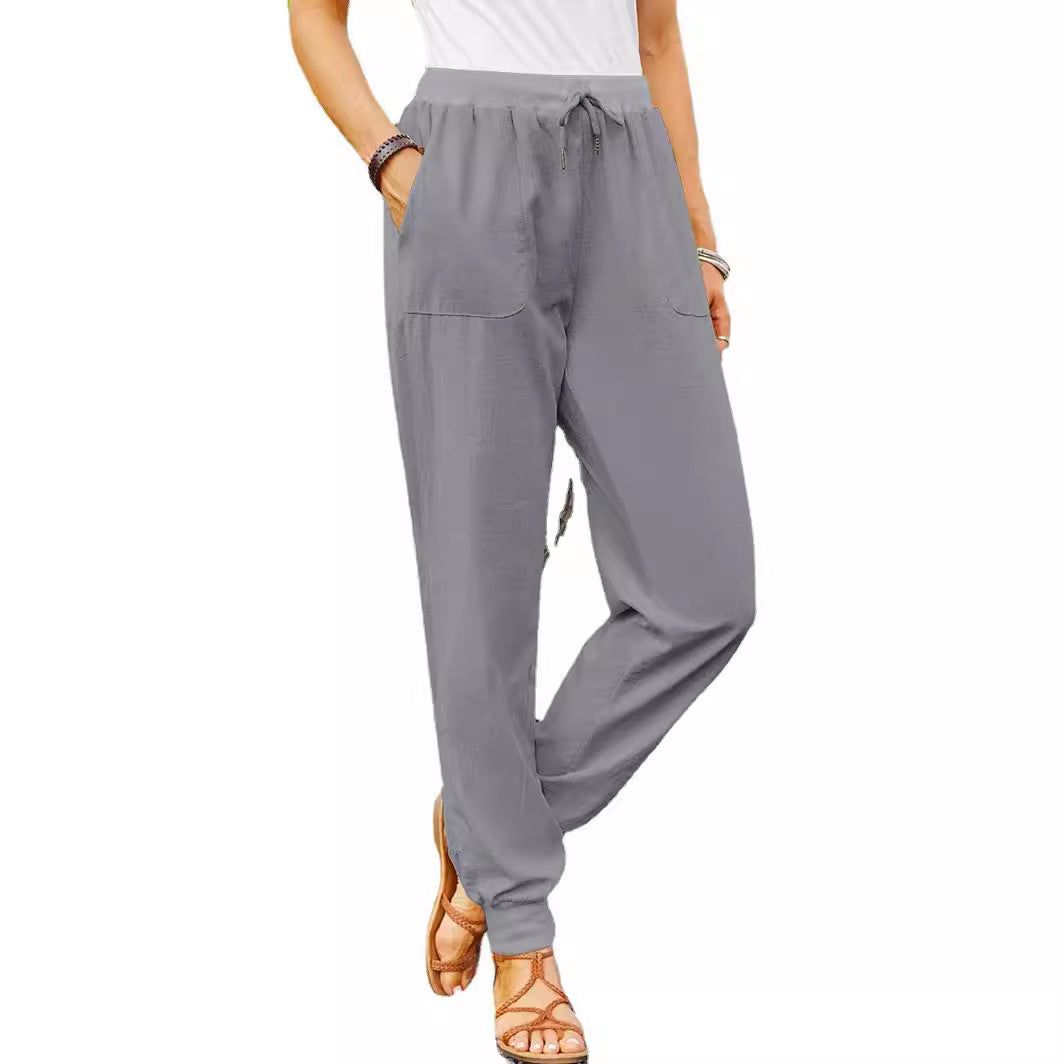 Damen entspannte Leinenhose mit verstellbarem Bund und praktischen Taschen Drune