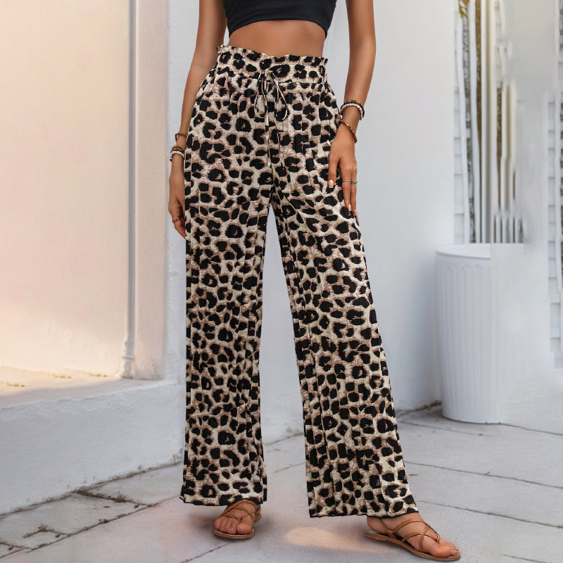 Damen Leichte Palazzo-Hose mit elastischem Bund, Bindekordel und Animal-Print Drune