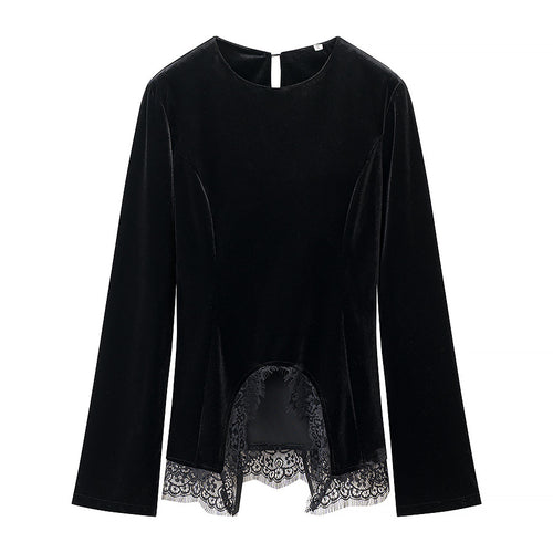 Damen Samtbluse mit Spitzen-Insert und asymmetrischem Spitzensaum Drune