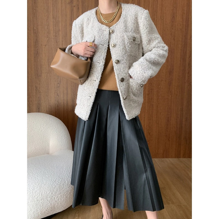 Damen lässige Wolljacke mit strukturiertem Obermaterial und luxuriösen Knöpfen Drune