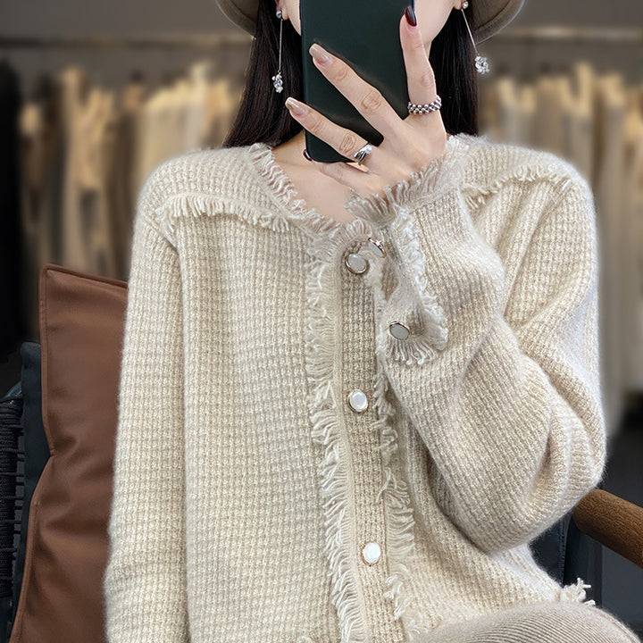 Damen Strickcardigan mit Fransenblende, Perlmuttknopfleiste und aufgesetzten Taschen Drune