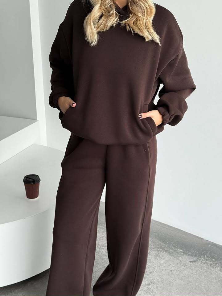 Damen Oversize Loungewear-Set aus schwerem Sweat mit Kapuzenpullover und weitem hochgeschnittenem Jogger Drune