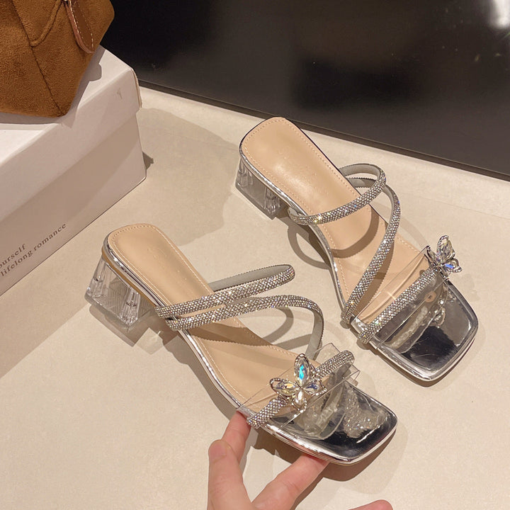 Damen elegante und glamouröse Sandalen mit funkelnden Applikationen und transparentem Blockabsatz Drune