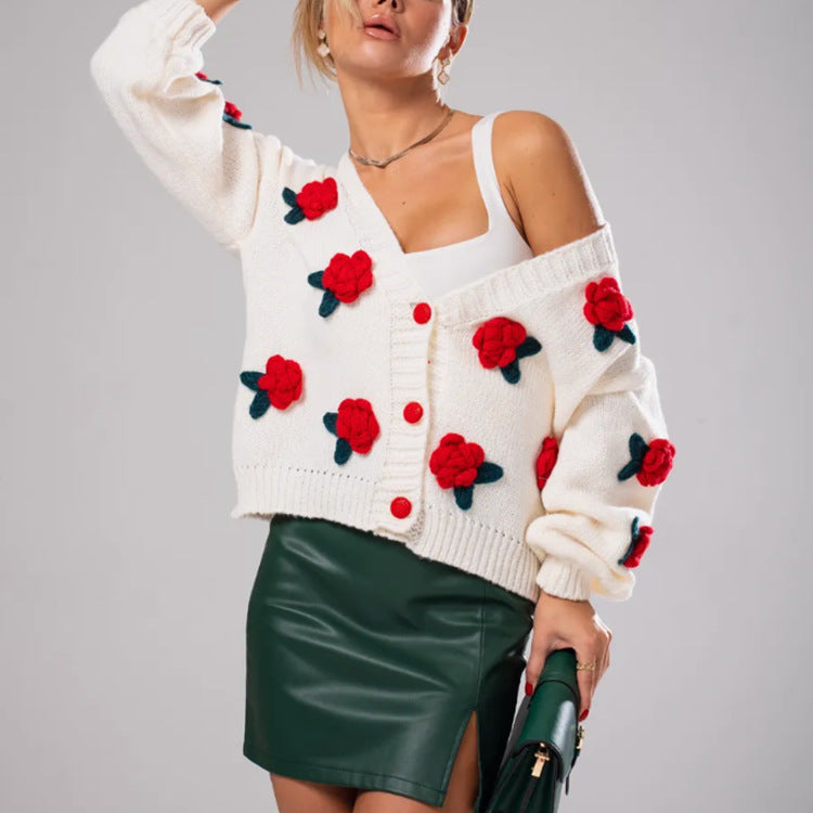 Damen Geblümter Strick-Cardigan mit 3D-Blumenapplikationen und V-Ausschnitt Drune
