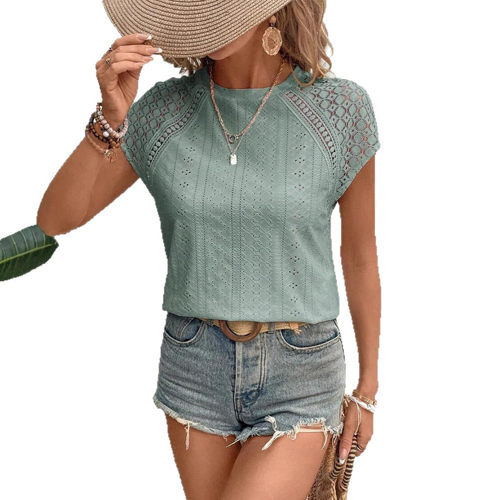 Damen Kurzarmbluse mit Lochmuster und femininen Details Drune