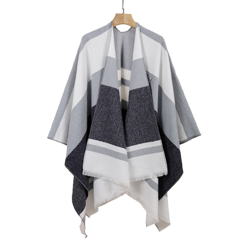 Damen Leichter Capeponcho aus Feinstrick mit geometrischem Blockstreifen-Design Drune