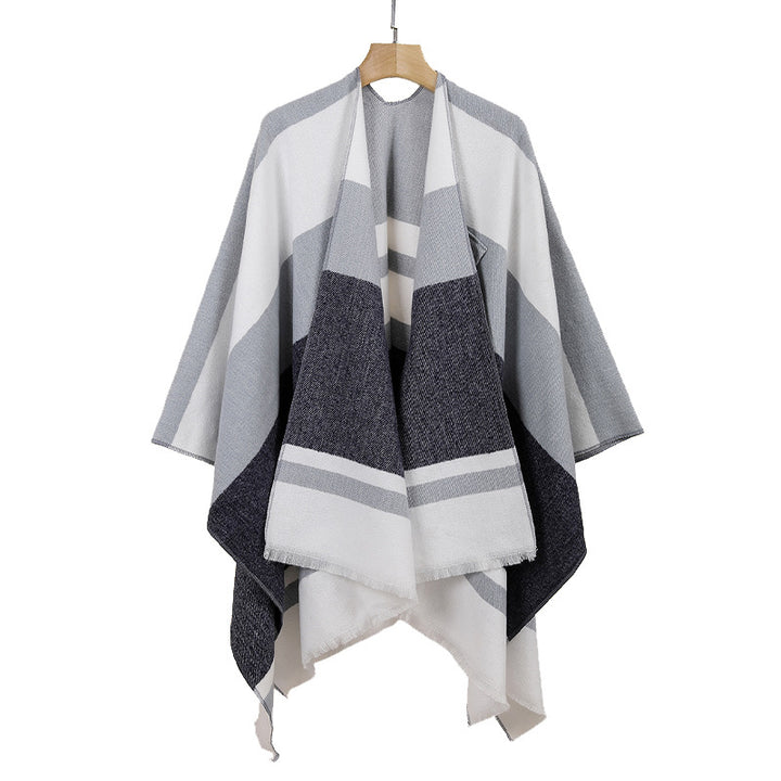 Damen Leichter Capeponcho aus Feinstrick mit geometrischem Blockstreifen-Design Drune