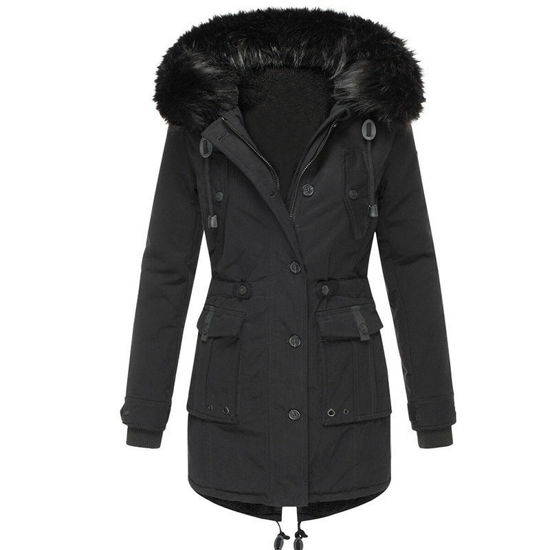 Damen Gefütterter Parka mit Kapuze und abnehmbarem Kunstpelzbesatz, taillierter Wintermantel Drune
