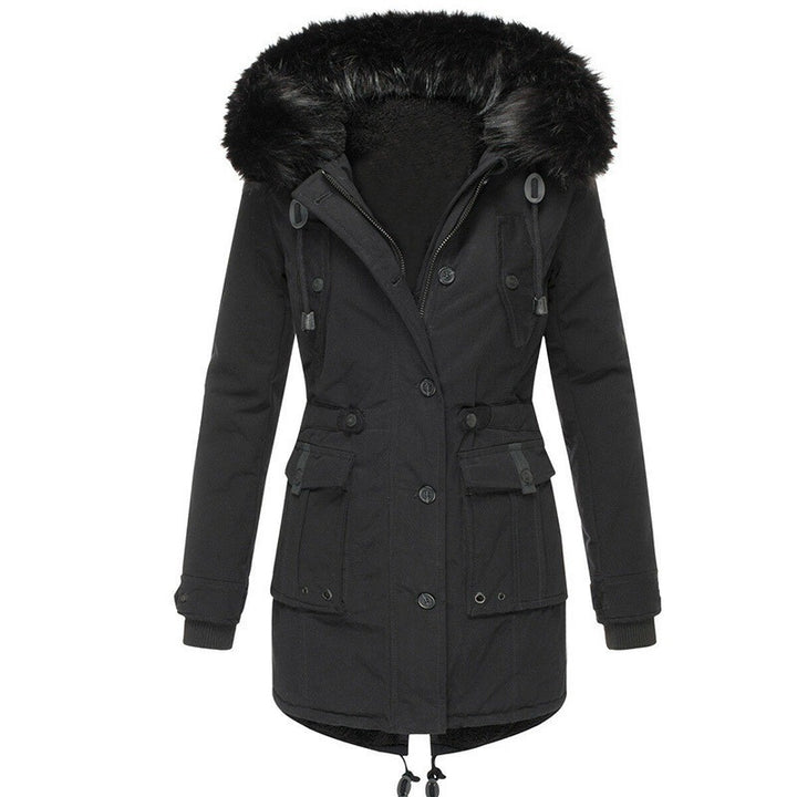 Damen Gefütterter Parka mit Kapuze und abnehmbarem Kunstpelzbesatz, taillierter Wintermantel Drune