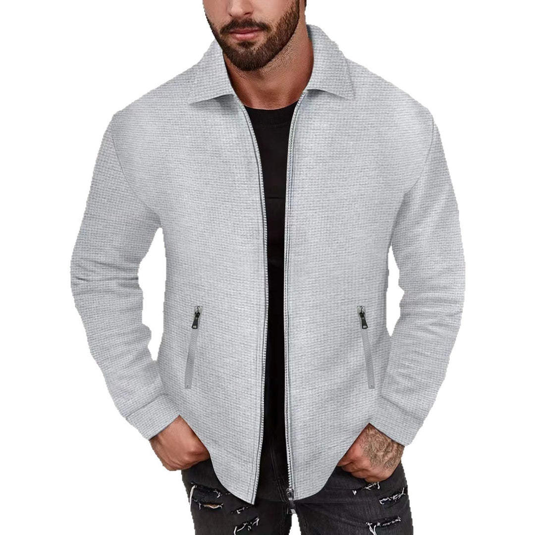 Herren minimalistische Stehkragen-Feinstrick-Übergangsjacke mit Zwei-Wege-Reißverschluss und verdeckten Reißverschlusstaschen Drune