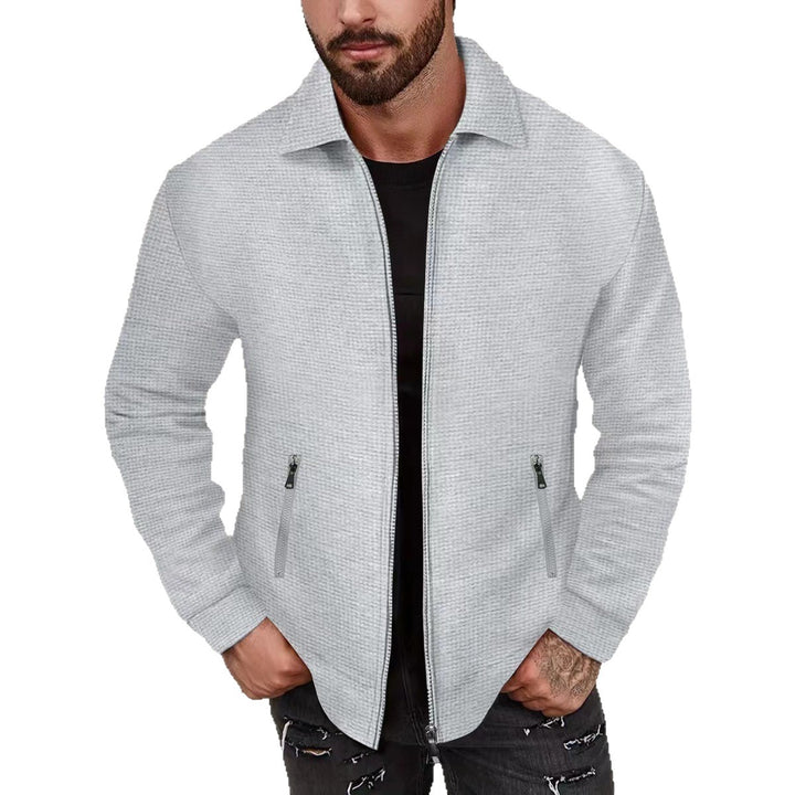 Herren minimalistische Stehkragen-Feinstrick-Übergangsjacke mit Zwei-Wege-Reißverschluss und verdeckten Reißverschlusstaschen Drune