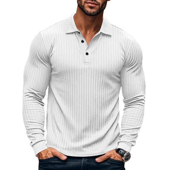 Herren nan eng anliegendes geripptes Langarm-Poloshirt mit Kentkragen und kurzer Knopfleiste Drune