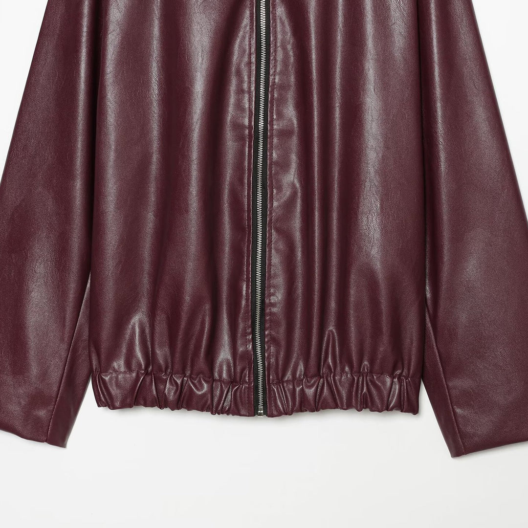 Damen Weiter Kunstleder-Blouson mit durchgehendem Reißverschluss, Hemdkragen und gerafftem Saum Drune