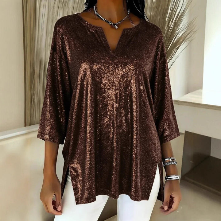 Damen Glitzerndes Oversize-Longshirt mit V-Ausschnitt und seitlichen Schlitzen Drune
