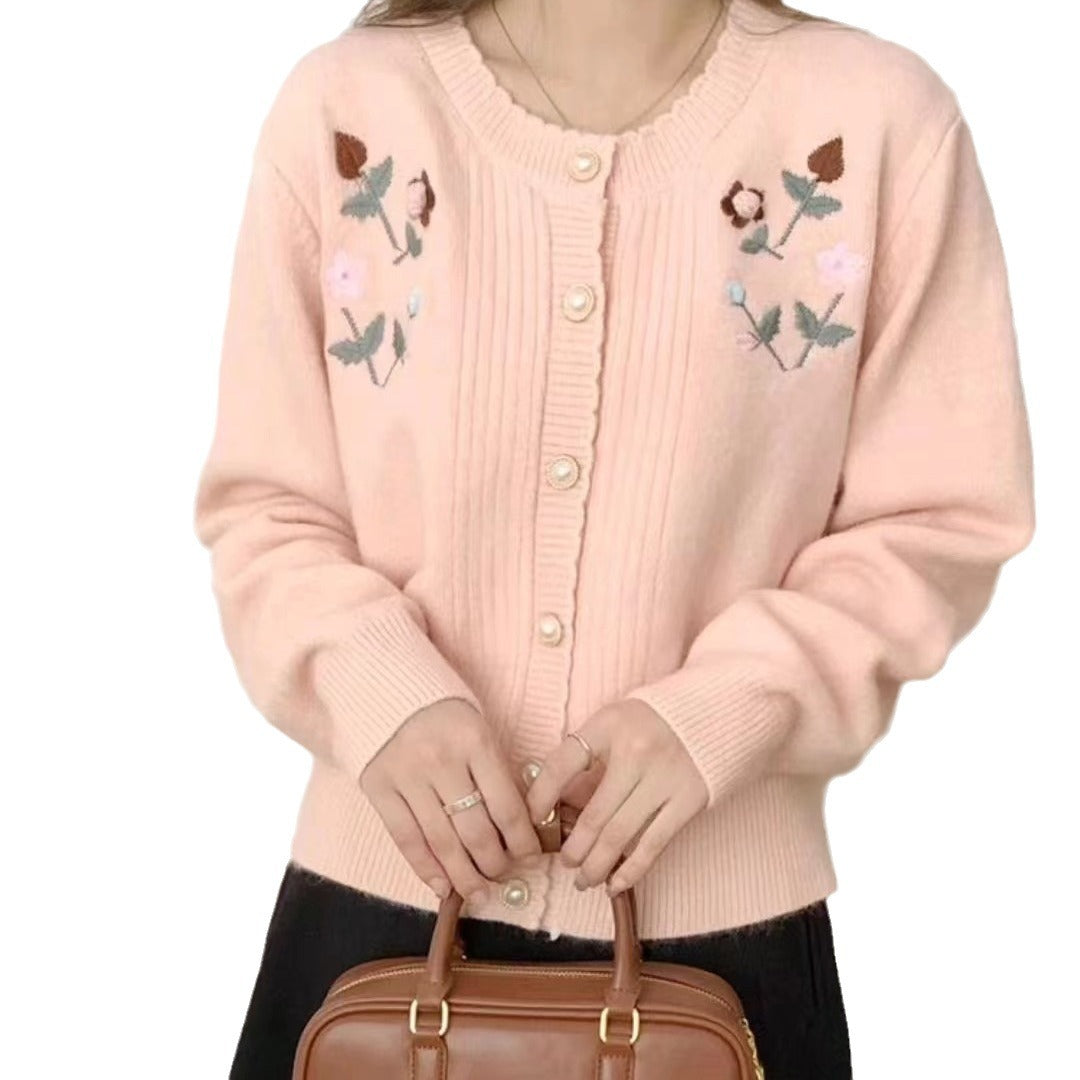 Damen verspielte Strickjacke mit floralem Relieflmuster und eleganten Perlenknöpfen Drune