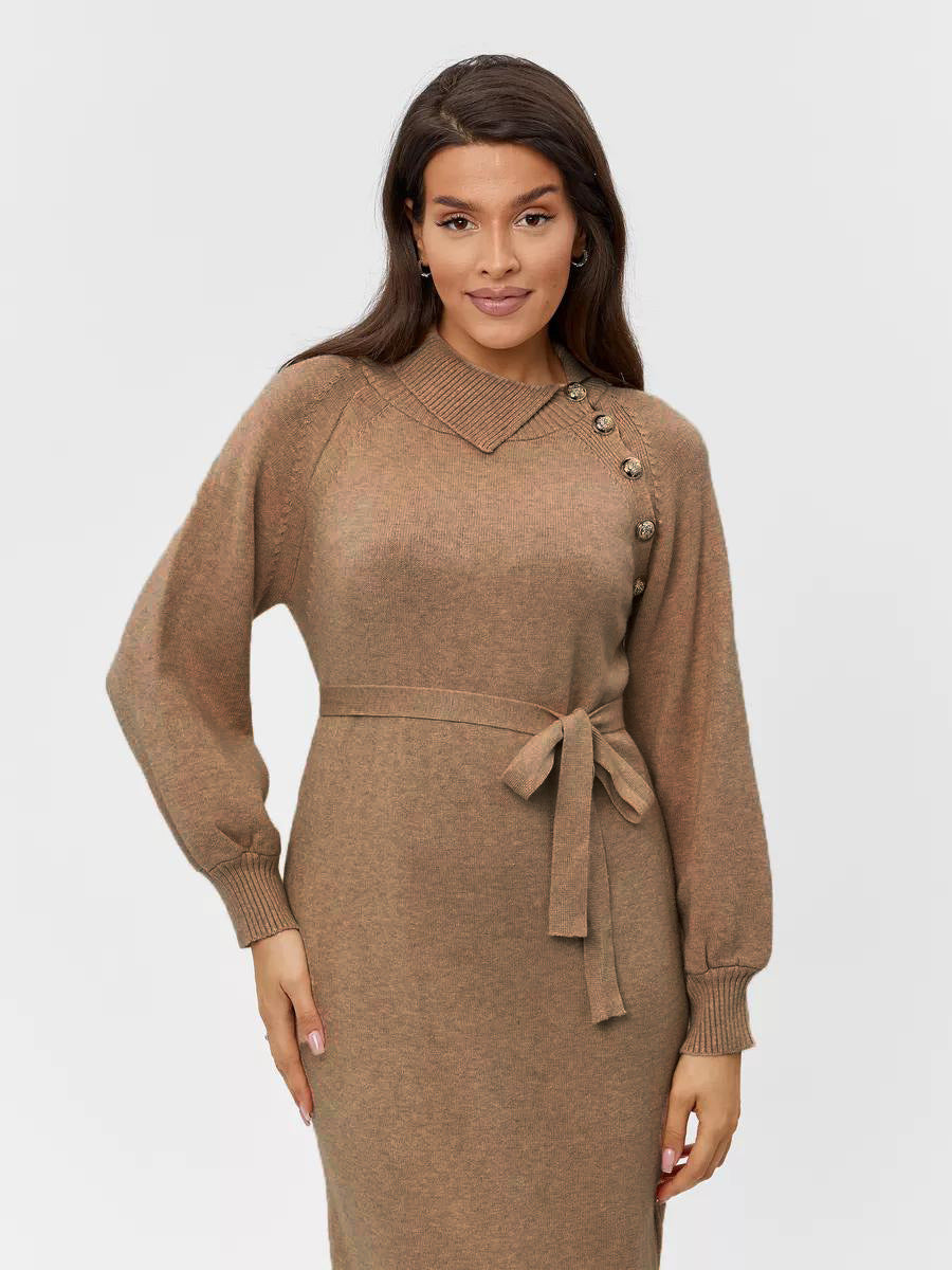 Damen Strickkleid mit Gürtel und Knopfdetails Drune