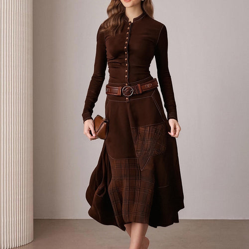 Damen Elegantes Midi-Kleid mit Knopfleiste und Kontrastdetails Drune
