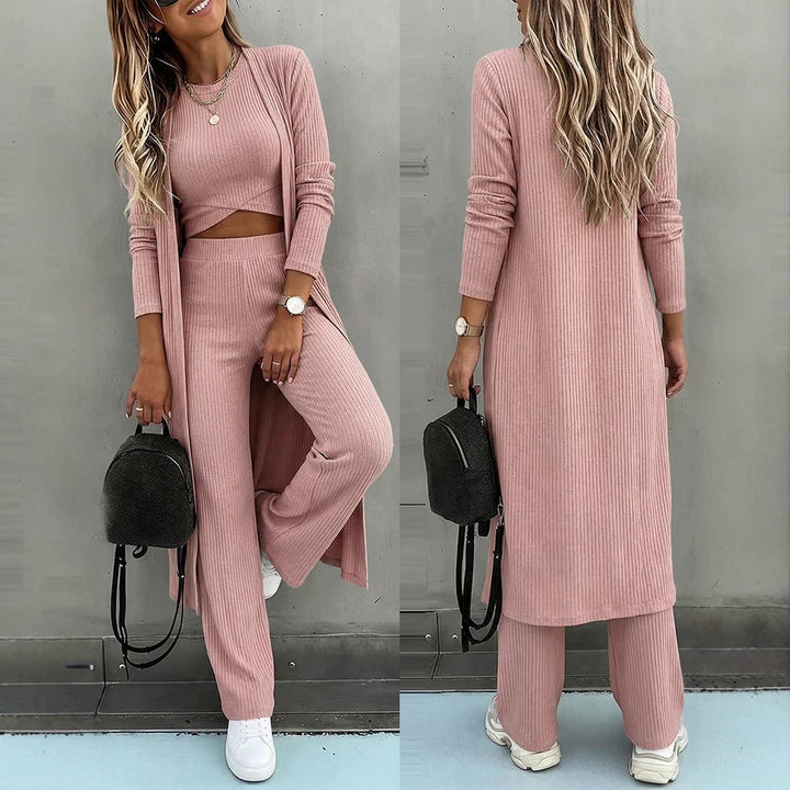 Damen Dreiteiliges Rippstrick-Loungewear-Set mit Longcardigan, bauchfreiem Top und weiter Palazzohose Drune