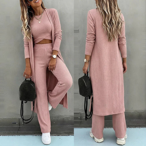 Damen Dreiteiliges Rippstrick-Loungewear-Set mit Longcardigan, bauchfreiem Top und weiter Palazzohose Drune