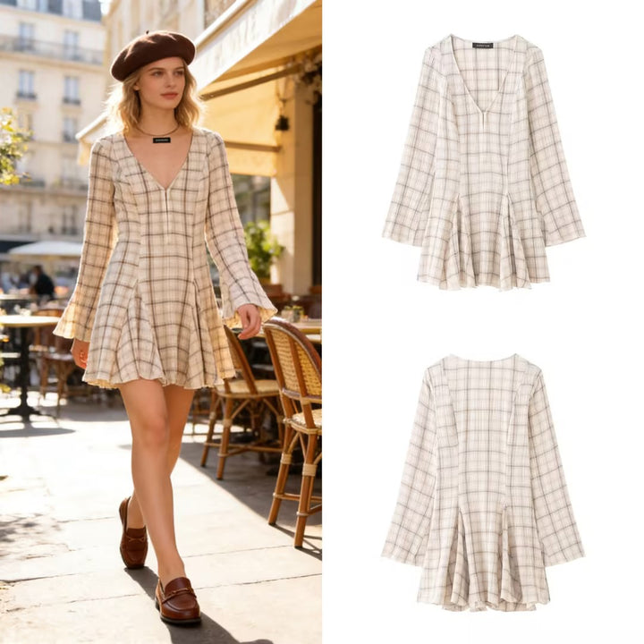 Damen Leichtes V‑Ausschnitt Midikleid mit Karomuster, tailliertem Godet‑Rock und Crinkle‑Struktur Drune