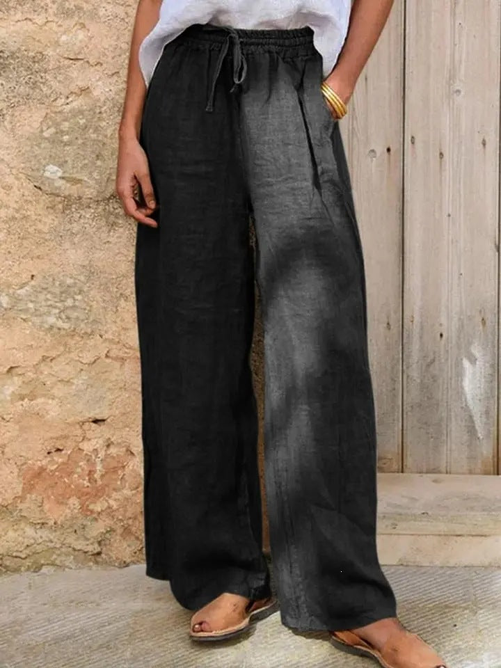 Damen Hochgeschnittene Leinenpalazzo-Hose mit Kordelzug und weitem Bein Drune