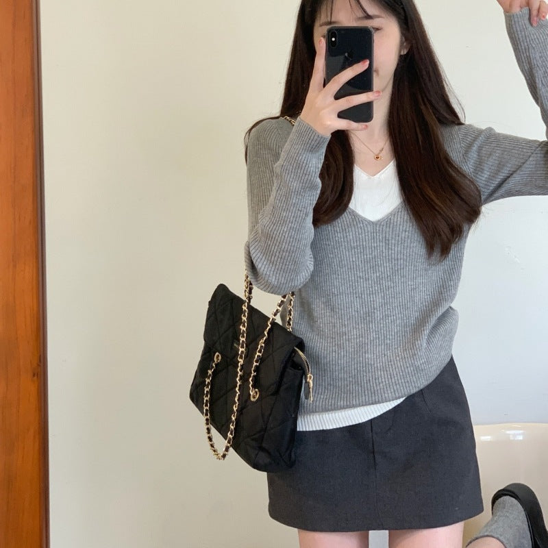 Damen Strickpullover mit V-Ausschnitt und eleganten Rippdetails Drune