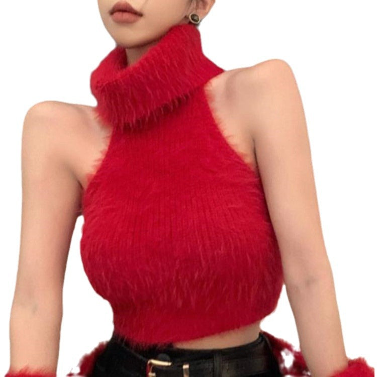 Damen Flauschiger Cropped Pullover mit Stehkragen und Oversize-Ärmeln Drune