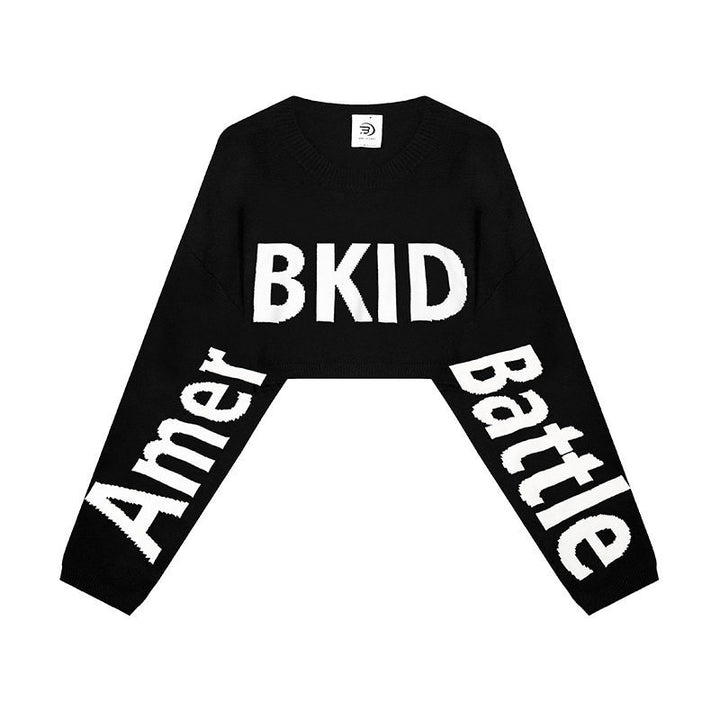 Damen Cropped Strickpullover mit weiten Raglanärmeln und Statement-Schriftzug Drune