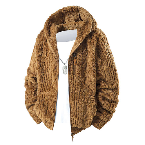 Herren Kuschelige Teddy-Fleece Kapuzenjacke mit durchgehendem Reißverschluss und Brusttasche Drune