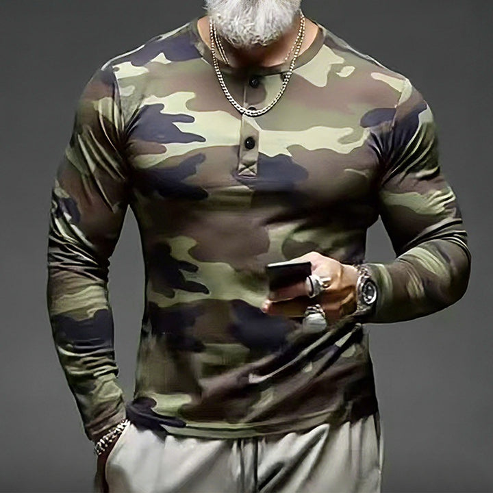 Herren Körperbetontes Langarm-Henleyshirt im Camouflage-Look mit Stretch Drune